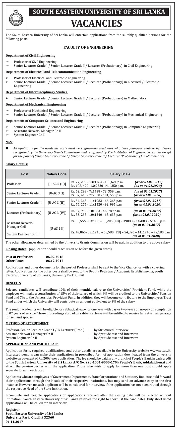 Professor, Senior Lecturer, Lecturer, Assistant Network Manager, System Engineer - South Eastern University